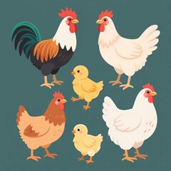 Multiple hens and rooster cartoon characters, chicken clipart collection for classroom materials, farm-themed decor, and cute animal projects.