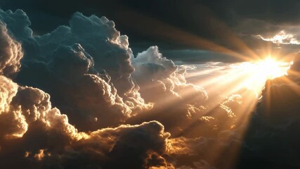 Rays of sunlight pierce through dramatic thunderclouds in the sky. - Powered by Adobe