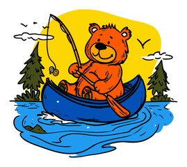 Naklejka premium Cheerful Bear Fishing in a Canoe Surrounded by Nature in Vibrant Cartoon Style