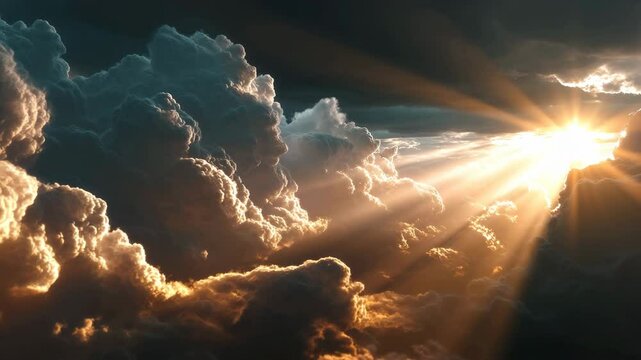 Rays of sunlight pierce through dramatic thunderclouds in the sky.