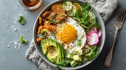 Top-down view of clean brunch bowl with sharp geometric food placement, neutral background