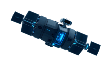 Advanced cylindrical spacecraft with glowing blue lights