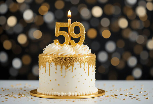 Elegant birthday cake with golden decorations featuring the number 59 and a single candle surrounded by festive bokeh lights
