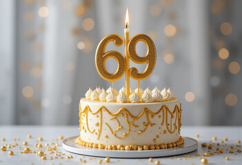 Celebration cake with golden 69 candle surrounded by confetti on a festive table
