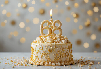 Delicate celebration cake adorned with a golden 68 candle surrounded by festive decorations and a soft bokeh background