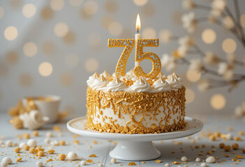 Golden celebration for a 75th birthday with a beautifully decorated cake and elegant details in a bright setting