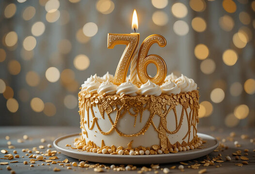 Celebration of a 76th birthday with a beautifully decorated cake featuring golden accents and a sparkling candle