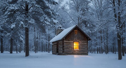 Snowy Cabin in Winter Forest