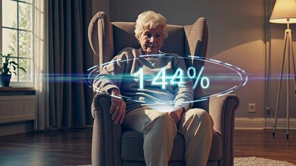 Elderly woman engaging with futuristic digital interface in cozy living room setting - Powered by Adobe