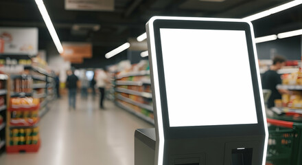 Blank Supermarket Kiosk Screen Mockup for Advertising Technology Retail Store Digital Signage Display