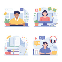 Diverse students engaging in online learning, attending virtual classes, and studying from home using computers, books, and digital resources