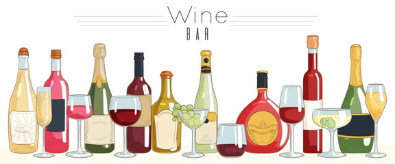 Wine bar. Sketch menu. Hand drawn alcohol. Glass bottle of cider, champagne and vermouth, whiskey. Tumbler with beverage. Red drink in decanter. Isolated elegant composition. Vector illustration
