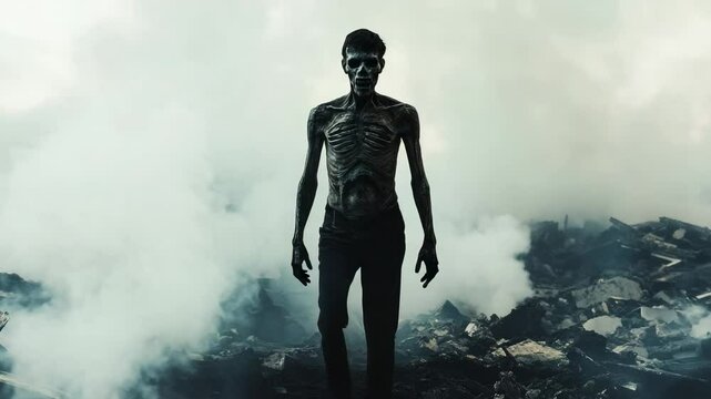 Decaying zombie staggering through smoke filled post apocalyptic wasteland, revealing haunting aftermath of catastrophic destruction with ghostly, nightmarish presence