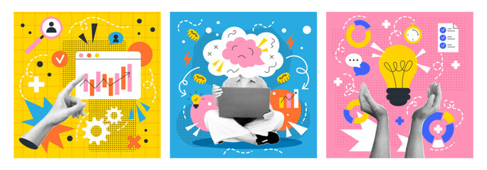 Art creative design. Business work. Startup idea concept. Modern collage on mind innovation, teamwork and student education. Success strategy. Idea development. Dotted arm. Vector garish posters set