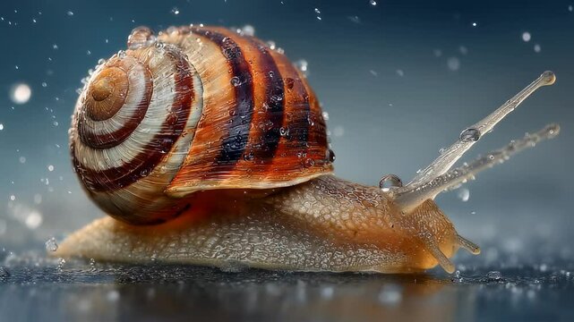 close-up capture of a snail bathed in raindrops, showcasing its intricate shell pattern and glistening textures against a diffused background