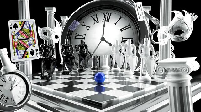 Surreal Chess Scene with Black and White Pieces, Clocks, and Playing Cards Dreamlike Atmosphere with Blue Sphere on Abstract Chessboard