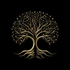 Elegant Tree Design with Gold Leaves and Intricate Branches on Black Background