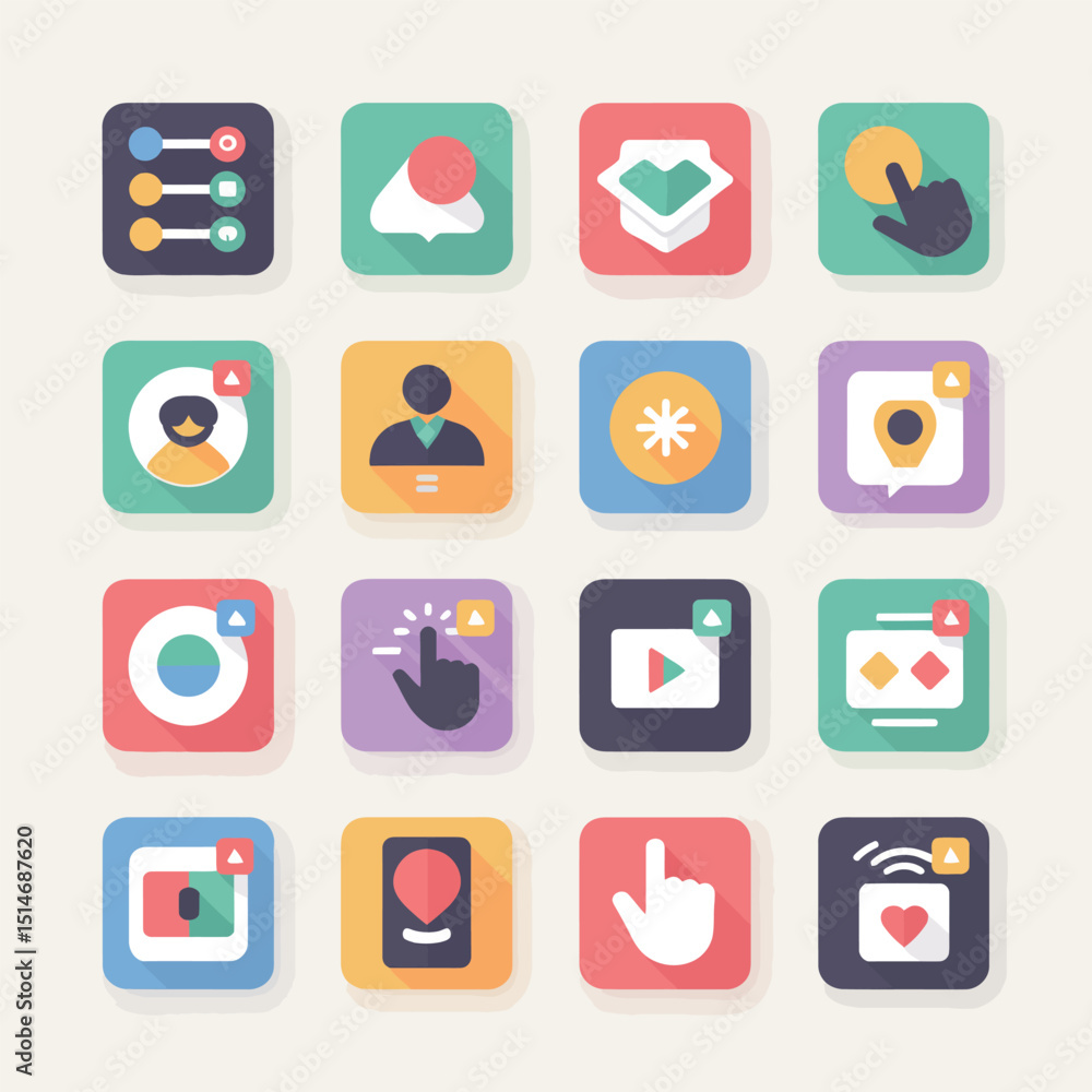 Poster collection of colorful flat design notification icons representing various alerts, messages, and use
