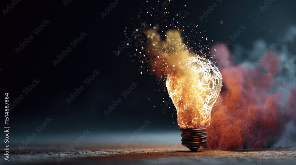 Poster creative light bulb igniting with colorful smoke in a dark environment during evening hours showcasi