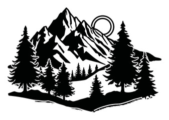 Obraz premium Artistic Engraving of Mountains and Trees with Sun Illustration in Black Silhouette