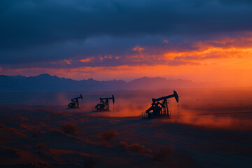 "Desert Pulse" - Aerial view shows synchronized pumpjacks dancing across golden sands, their long morning shadows painting geometric patterns in this minimalist, high-contrast desert landscape.

