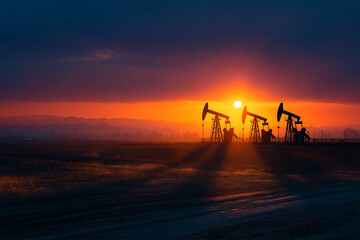 "Desert Pulse" - Aerial view shows synchronized pumpjacks dancing across golden sands, their long morning shadows painting geometric patterns in this minimalist, high-contrast desert landscape.

