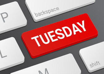 Close Up Tuesday Button on Laptop or Computer Keyboard for Calendar Scheduling, Weekly Planner, Date Selection, Reminder, and 3D Interface Illustration