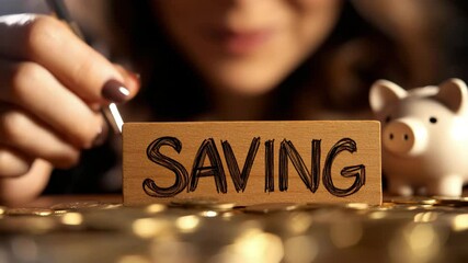 Female hand with pen pointing to wooden block with "SAVING" written on it surrounded by gold coins with blurred smiling woman and piggy bank in background - Powered by Adobe