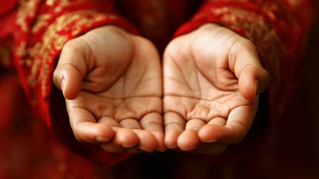 An open palm of the hand in a prayer or receiving gesture, surrounded by a red cloth with gold patterns