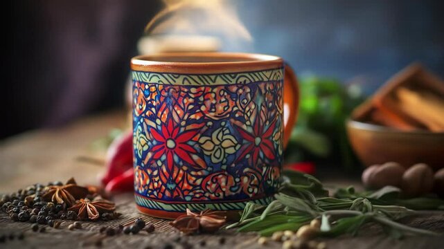 Hot spiced drink in decorated cup with spices on wooden table.