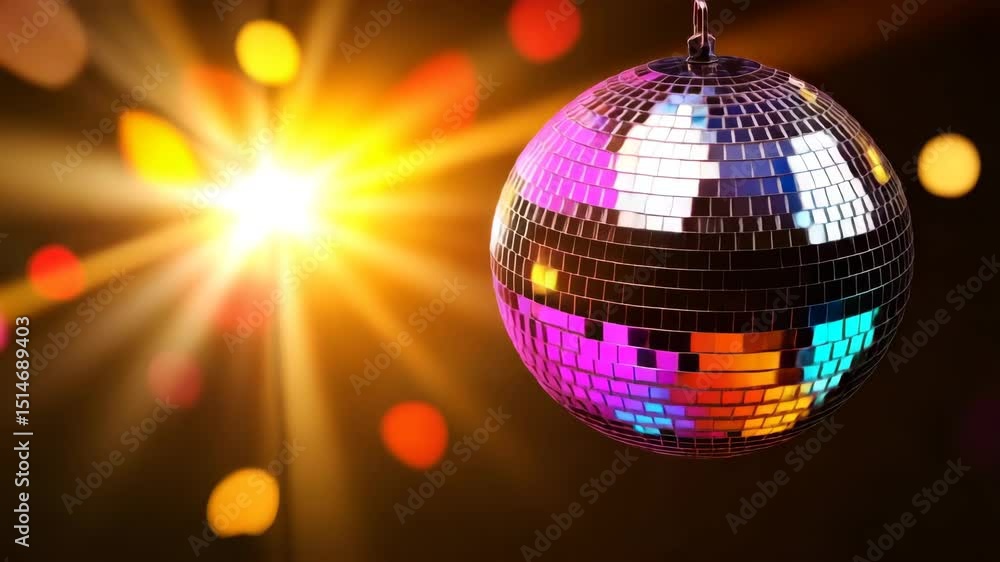 Poster close-up of disco ball reflecting multicolored rays of light on dark blurred background with bright 