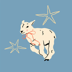 Cute little lamb. Sheep in jumping, running movement. Hand drawn Vector illustration. Count sheep, farm concept. Print, postcard, invitation design template. Isolated element