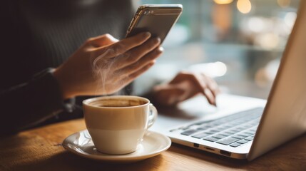 A person uses a smartphone beside a steaming cup of coffee and an open laptop on a wooden table in a cozy setting.