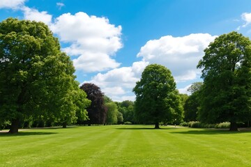Idyllic park scene, green grass, tall trees, fluffy white clouds float in blue sky