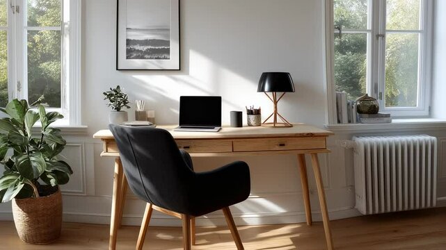a charming workspace features a wooden desk, a modern laptop, and a lush fiddle leaf fig basking in natural sunlight