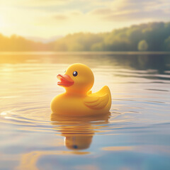 Realistic rubber duck swimming in a rippling pond 