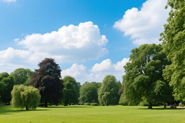 Fototapeta premium Idyllic park scene, green grass, tall trees, fluffy white clouds float in blue sky