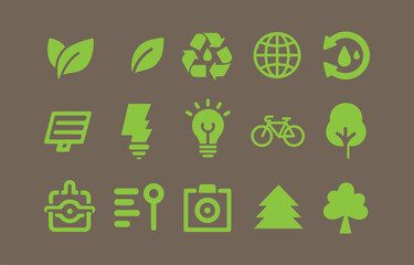 Collection of Green Environmental and Sustainability Icons on a Brown Background Symbolizing Ecology Conservation and Eco Friendly Practices