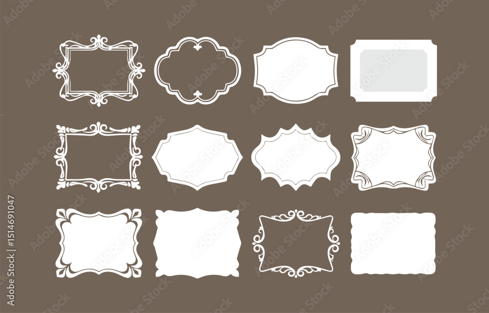 Poster collection of decorative frames and borders in various shapes and styles isolated on a brown backgro