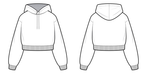 Crop Jacket with hood- Technical Drawing- Front and Back View- Vector/ Cad illustration 