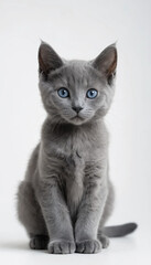 Obraz premium Fluffy gray kitten with striking blue eyes sitting calmly against a plain background