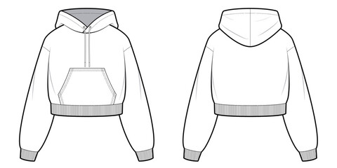 Crop Hooded Jacket with Kangaroo Pocket - Front and Back View- Technical Illustration- Vector/ Cad Illustration 