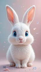 Fluffy white rabbit with bright blue eyes sitting on a soft background, exuding a playful and innocent charm