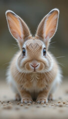 Cute brown rabbit with large ears sitting on the ground in a natural outdoor setting enjoying the sunny day