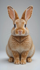 Fototapeta premium Cute brown rabbit with large ears sitting calmly on a neutral background, showcasing its adorable expression and fluffy fur