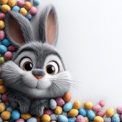 Cute Cartoon Bunny Surrounded by Colorful Easter Eggs in Pastel Colors