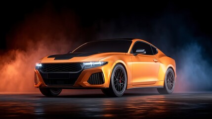 Fototapeta premium Powerful Orange Sports Coupe Dramatic Studio Lighting Cinematic Shadows Car Advertiseme