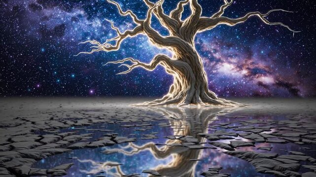 Surreal tree under a starry sky reflects in a cracked landscape at night