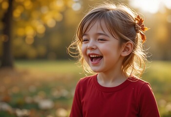 Happy young girl enjoys autumn in a park, surrounded by colorful leaves and warm sunlight filtering through trees