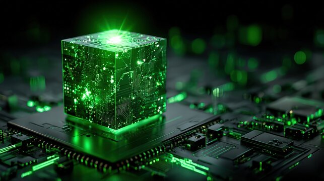 A glowing green cube sits atop a detailed circuit board, symbolizing advanced technology and artificial intelligence.